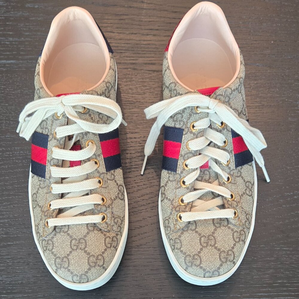 Gucci Ace Supreme GG Guccissima Logo Web Stripe Flat Sneakers Shoes (37.5 EU)